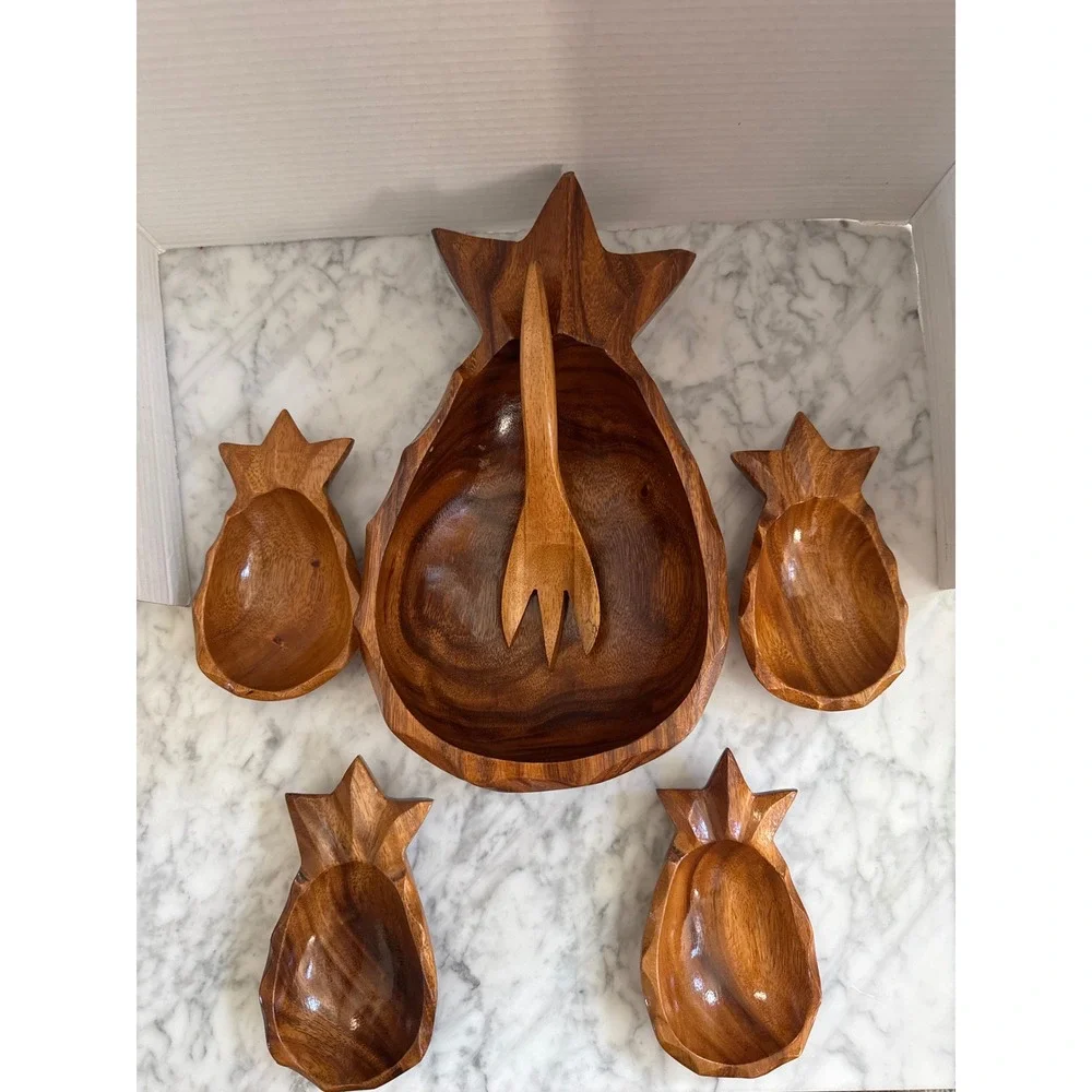 Vintage Pineapple Wood Salad Bowl Set 6pc Mid Century Tropical Tiki Philippines